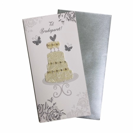 Bryllupskort dobbelt med konvolutt, flotte pålimte detaljer, Kake