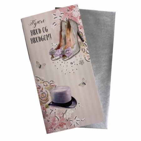 Bryllupskort dobbelt med konvolutt, flotte pålimte detaljer, Sko og hatt