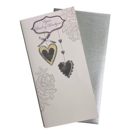 Bryllupskort dobbelt med konvolutt, flotte pålimte detaljer, Hjerter