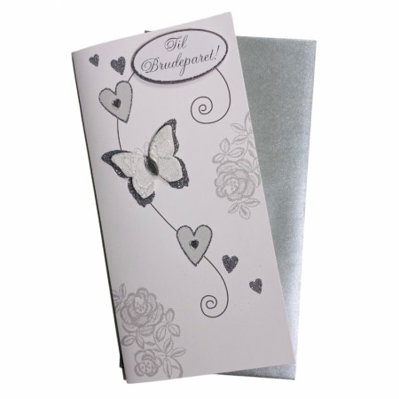 Bryllupskort dobbelt med konvolutt, flotte pålimte detaljer, sommerfugl