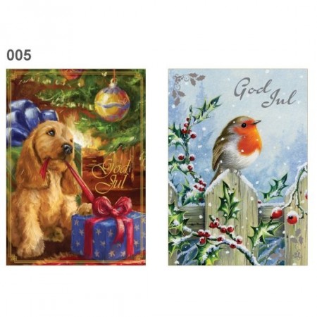 Julekort doble med konvolutt 6 pk. Hund/fugl